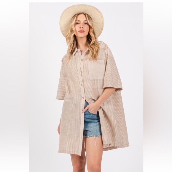 28 Boho Contrast Striped Button Down Shirt Dress - Picture 2 of 6